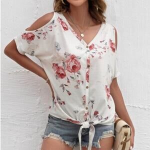 Enno Women's Bloom Floral Cold Shoulder Button Tie Front Top Size XL Cream NWT